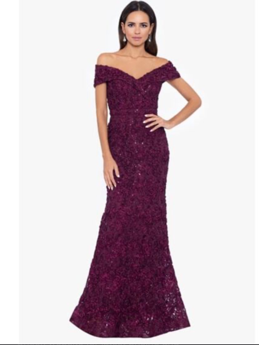 Xscape Strapless Off-Shoulder Lace Gown In Plum
